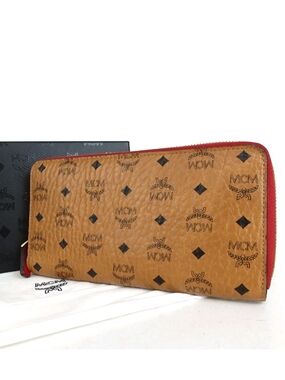 MCM Cognac Monogram Zip-Around Wallet with Red Trim